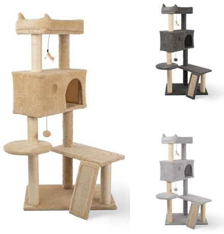 PATAM Albero tiragraffi in sisal naturale con cuccia per gatti e giochi inclusi, base rinforzata, cinghia anti-ribaltamento e facile montaggio – altezza 120 cm Cottage Beige
