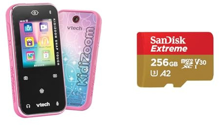 VTech KidiZoom Snap Touch pink – Kinderkamera im Smartphone-Format mit Touchscreen & SanDisk Extreme microSDXC UHS-I Speicherkarte 256 GB + Adapter