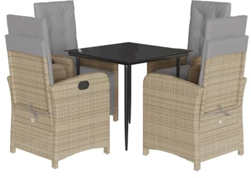 vidaXL Garten Essgruppe 5-TLG., Gartenmöbel Set mit Tisch 4 verstellbaren Gartenstühlen, Gartengarnitur mit Kissen, Sitzgruppe Essgarnitur, Beige Poly Rattan