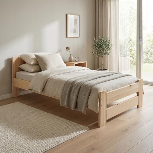 Need Sleep Einzelbett 80x200 cm aus Kiefer Massivholz – Bett mit niedrigem Kopfteil – stabiles Holzbett inkl. Lattenrost – naturbelassen