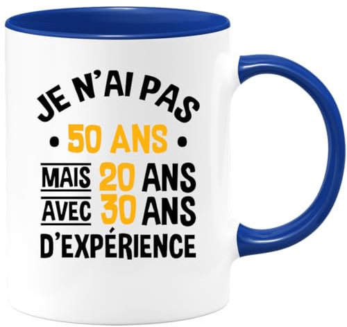 quotedazur Café-Croissant - Mug Personnalisé Humour Anniversaire Cinquante Ans - Je N'Ai Pas 50 Ans Mais De L'Expérience - Cadeau Noël Original Cinquentenaire Tasse 1975 Homme Femme - Bleu/Céramique