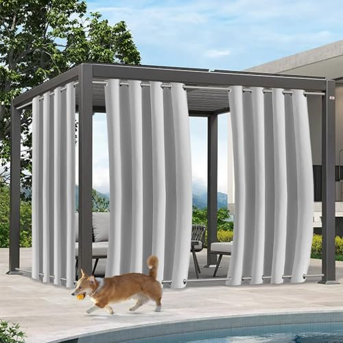 Qelus Outdoor Vorhang Wetterfest mit Ösen Oben und Unten, 2er Set B132xH213CM Outdoorvorhänge, Wasserdicht Sonnenschutz Sichtschutz für Balkon Veranda Pergola Gartenlaube (Grau)