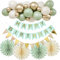 Sage Green Birthday Party Decorations,Happy Birthday Banner ,Green Gold Balloons Garland With Balloon Arch Tape, Bunting and Hanging Paper Fans,Party Decoration for Men Women Girls and Boys