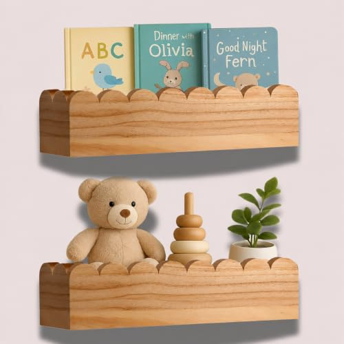 Green Goods Supply Set of 2 Pre-Assembled Floating Nursery Book Shelves, Scalloped Book Shelf - Kids Wall Bookshelf, Nursery Decor, Floating Shelves for Wall, Nursery Shelves