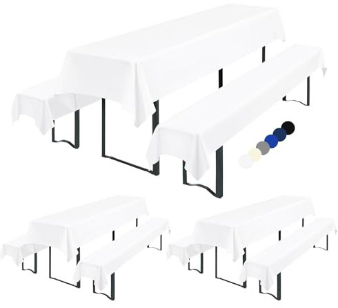 Showgeous 3 Sätze Biertischhussen Set 3tlg. Hussen für Bierzeltgarnitur - 3 Biertisch Tischdecke universal für 50cm u.70cm Biertische 250x100cm + 6 Bierbank Hussen 250x55cm,Dicker Wasserfest(Weiß)