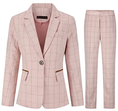 YUNCLOS Pantaloni da donna a quadri in 2 pezzi, a maniche lunghe, elegante, formale, da ufficio, con un bottone, blazer e pantaloni