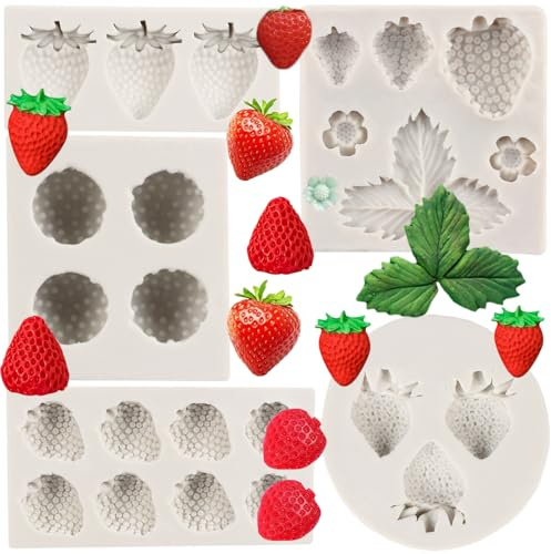 MYPRACS Erdbeer Backformen Silikon Handmade Candy Jelly Bakeware 3D Blume Erdbeere Form Obst Form für Zucker Kuchen Dekorieren Cupcake Topper Schokolade Gum Paste Candy Polymer Clay Set von 5
