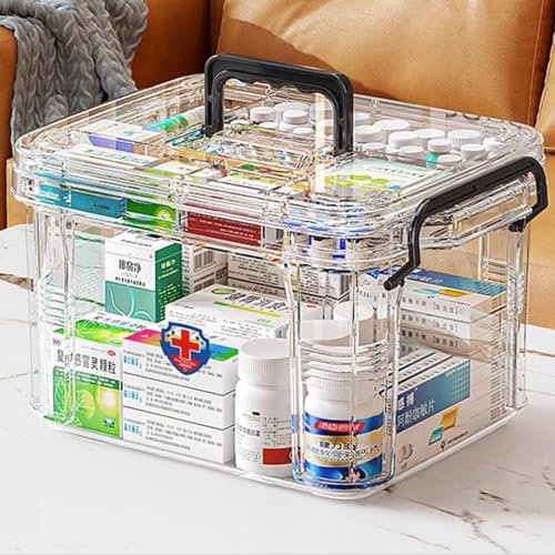 Organizador de medicamentos de doble capa con rejilla múltiple, botiquín portátil con tapa, caja de primeros auxilios para el hogar (transparente-S)