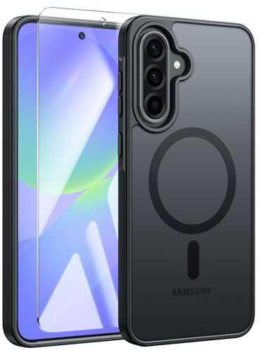 FNTCASE für Samsung Galaxy A36/A56/A27 5G Hülle, mit Panzerglas, Magnetisch | Kompatibel mit MagSafe, Stoßdämpfend, Leicht, Matte Translucent, Magnetische, Slim, Militärischer Fallschutz,Robuste,Schwarz
