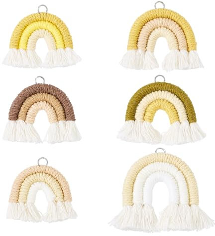 FASHEWELRY 6 Stück Regenbogen Quasten Charms, Quaste Charm, Makramee Geflochtene Regenbogen Anhänger für DIY Schmuckherstellung, Gelb