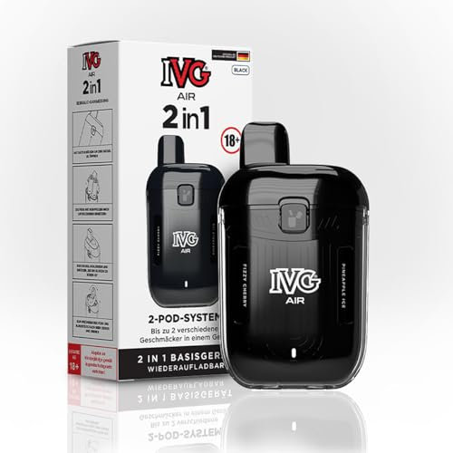 Akkuträger IVG-AIR 2 in 1 Akkuträger, Aufladbar Pod Mod, Nachfüllbares Basisgerät | 2 Pod System, USB-C Anschluss, Ohne leere Pods, Kein E-Liquid, Ohne Nikotin (Schwarz, Anzahl, 1)