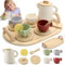 Service à thé en bois pour enfants - 13 pièces - En silicone - Jeu de rôle - Avec tasses à thé et soucoupes - Cadeau pour filles et garçons