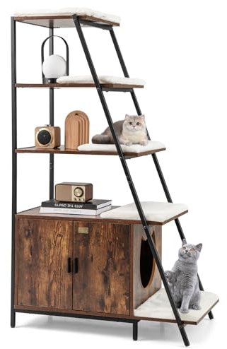 COSTWAY Katzenschrank mit Leiterregal, Katzenklo Schrank für Katzentoilette, mit abnehmbaren Plüschmatten & Eingang, Katzenhaus mit Regal für Katzen Hunde Haustier, Katzenmöbel Indoor (Braun)
