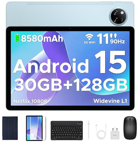 DOOGEE Tab A9 Pro+ Android 15 Tablet, 11 Inch HD Display Tablets, 30GB RAM+128GB ROM/2TB, 8580mAh Android Tablets, Tablet with Keyboard/Pen/Mouse/Case, Widevine L1, Dual Speaker/Face ID/OTG