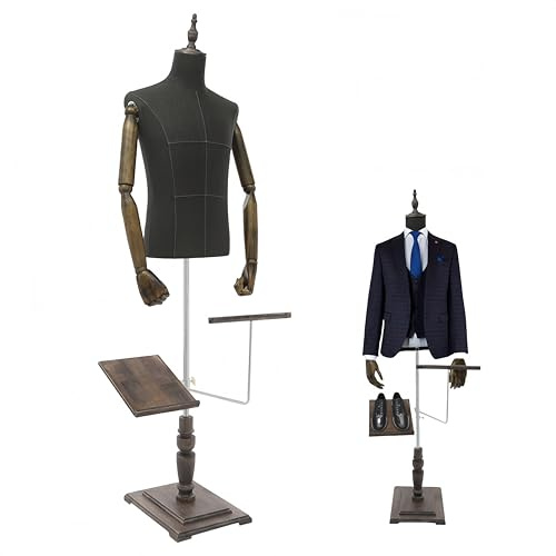 Garbenat Männlich Schneiderpuppe 135-180cm Höhenverstellbar Männliche Kleiderform Retro Schaufensterpuppenkörper mit Massivholzarm, Schuhhalter, Holzsockel Torso Kleiderpuppe (Dunkelgrau, 180cm)