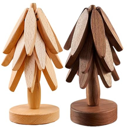 Natural Wood Trivet for Hot Dishes - 2 Pack Tree Design Coasters, Placemat for Insulation, Trivets for Hot Pots and Pans, Tree Shape Foldable Heat Resistant Pads Non-Slip Pot Holder Coasters Placemat
