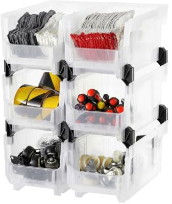 VEVOR Plastic Stackable Storage Bins, 14.8 x 8.5 x 7.1 inch (6 Pack), Plastic Containers for Organizing & Storage Bins for Closet, Garage, Small Parts, Office Supplies, Other Accessories, Transparent