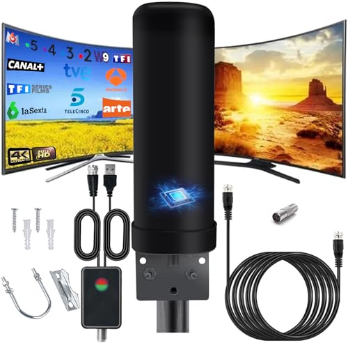 Antenne TV Extérieure Intérieur, IP66 Antenne TNT Réception du Signal à 360 Degrés avec Signal Amplificateur, Câble Coaxial de 13m et Protégé Contre la Foudre pour DVB-T TDT HDTV 1080P 4K DTMB VHF UHF