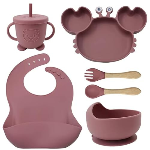 Eliano Ensemble de 6 pièces en silicone pour bébé avec assiette crabe – Vaisselle antidérapante pour bébé avec ventouse, gobelet avec paille, cuillère, fourchette et bavoir – Sans BPA – Passe au