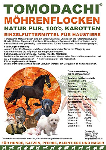 Karottenflocken Hund, Barf Zusatz, Möhrenflocken, Naturprodukt, Ergänzungsfutter Hund, Verdauung, Stoffwechsel, Immunsystem, Vitamine, Mineralien, BetaCarotin, kalorienarm, Diät, Tomodachi® 10kg Sack