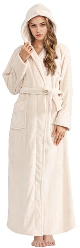 Hellomamma Accappatoio lungo con cappuccio per le donne lussuoso pile di flanella intera accappatoio invernale caldo pigiama doccia camicia da notte, Beige, M