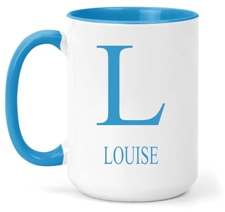 grabmybits Louise Personalized Initial Mug - Custom Name Ceramic Cup for Tea or Coffee Gift - Blue