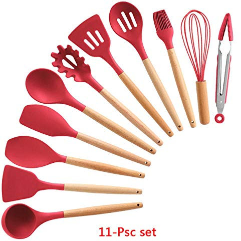 GEEKCOOK Silikon Küchenhelfer Set,11PCS Silikon Küchengeschirr Antihaft-Kochgeschirr Kochwerkzeug Spatel Schöpflöffel Eierschläger Schaufellöffel Suppe Küchenutensilien Set-ROT 11 STÜCKE