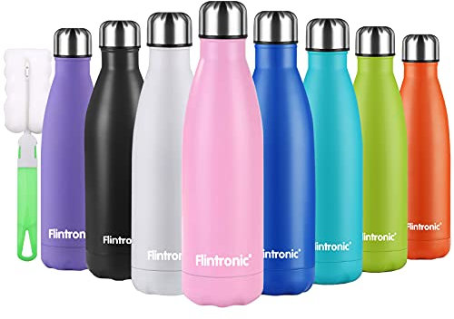 flintronic Botella Termica, 500ML Botella de Agua de Acero Inoxidable, Aislamiento de Vacío de Doble Pared, Botellas de Frío/Caliente Sin BPA & Eco Friendly, con 1 Portavasos y 1 Cepillo