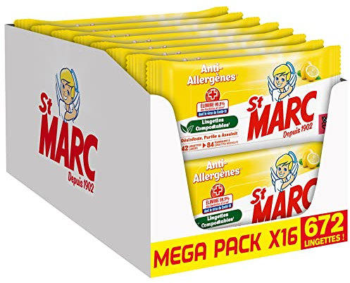 St Marc Lingette nettoyante Désinfectante Anti-Allergènes & Biodégradable, 42 Lingettes antibactérien Extra-larges, Lot de 16, L'emballage peut varier