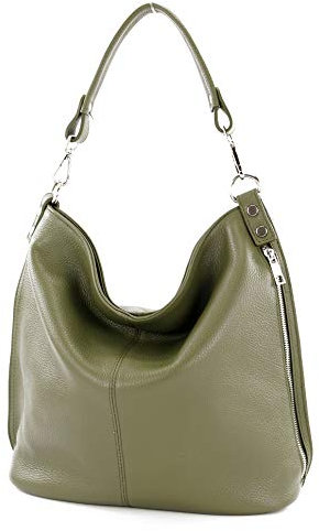 modamoda de - T177 - ital. Damen Schultertasche aus Leder, Farbe:Olivgrün