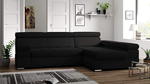 Ecksofa Paolo mit Schlaffunktion, Eckcouch mit Bettkasten, L-Form Ecksofa, L-Form Sofa, Ottomane Rechts, 260 cm x 162 cm (Schwarz + Schwarzer Kunstleder (EKO))