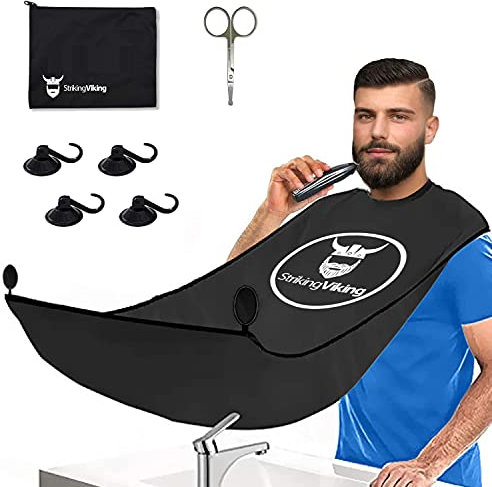 Striking Viking Bartlätzchen & Rasierhaarfänger Schürze zum Rasieren & Trimmen - 4-teiliges Pflegeset mit Schere, Saugnäpfen, Aufbewahrungstasche & Bartrasierumhang