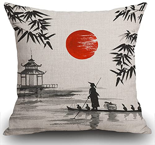 Smooffly Kissenbezug, japanische Traditionelle japanische Malerei, Mann mit Boot, Überwurf-Kissenbezug, Heimdekoration für Männer/Frauen, Wohnzimmer, Schlafzimmer, Sofa, Stuhl, 45 x 45 cm, Kissenbezug