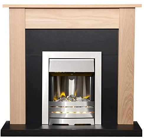 Adam Southwold Fireplace in Oak & Black with Helios Electric Fire in Brushed Steel, 43 Inch