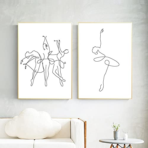 iYoucase Abstrakte Ballerina Poster und Kunstdruck auf Leinwand Gemälde eine Linie Körperzeichnung Wand Bilder schwarz weiß Wandbild Tanzmädchen Raumdekoration 60 x 80 cm x 2 ungerahmt
