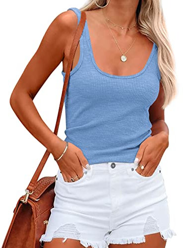 NONSAR T-shirt d'été sans manches pour femme - Débardeur élastique - Coupe ajustée, bleu clair, XXL