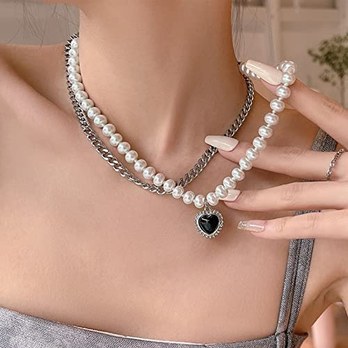 Inateannal Vintage Geschichtet Perle Choker Halskette Herz Edelstein Anhänger Halskette Silber Perlenkette Kette Kandare Cuban Link Kette Halskette Schmuck Für Frauen Und Mädchen