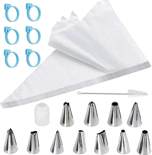 Tomuvpzn Spritzbeutel Einweg, Spritzbeutel Set Premium 100 Stück Spritztüte Set Piping Bags, 11 Spritztüllen, 6 Silikonringe, 1 Standardkonverter und Reinigungsbürste für Kuchen, Torten, Keksen