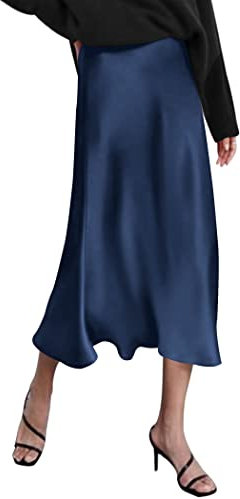 Zeagoo Damen Lange Rock Elegant Seiden Sommerrock A-Linie Casual Party Midirock Hohe Taille Retro Vintage Freizeitrock Navy S