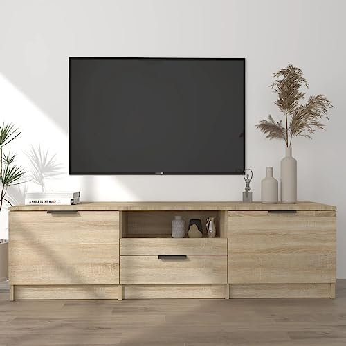 TJROO Mueble para TV con cajones de roble Sonoma 140 x 35 x 40 cm, madera multicapa, mueble de TV con cajones y cajones de madera, muebles de televisión, muebles de salón y consola de TV