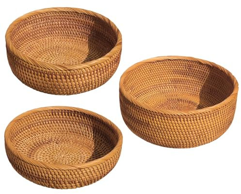 3 Stück geflochtene Weidenschale für Brot, Obst, Gemüse, Lebensmittel, Kartoffeln, Aufbewahrung, Sortieren, Schlüsseletui, Küchentheke, klein bis groß, Rattan, rund, geflochtene (Brown, One Size)