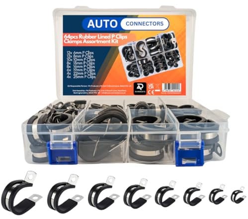 64pcs Rubber Lined P Clips Assortment Kit | Steel Rubber Cushion Pipe Clamps Set | 8 Sizes: 6mm, 8mm, 10mm, 13mm, 16mm, 19mm, 22mm, 25mm