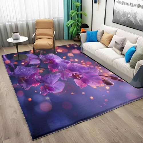 Waschbarer Teppich Wohnzimmer Blumen Lila Pflanzen Kurzflor 80x150 cm, Weiche rutschfest Flauschiger für Flur Esszimmer Küche