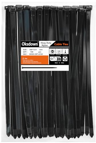 Oksdown 300mm × 12,0mm Breit 100 Stück Extra Stark Kabelbinder mit 100 kg Zugfestigkeit Schwarz UV-Beständig Groß Nylon Kunststoff Selbstsichernder Multifunktionaler