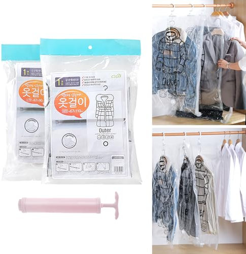 2PCS Hängende Vakuumbeutel für Kleidung,Vakuumbeutel zum Aufhängen,Aufbewahrungsbeutel Reise Vakuum,Staubsaugerbeutel,mit Staubsauger Handpumpe,Hängend Vakuumbeutel Mit Kleiderhaken,90cm&110cm