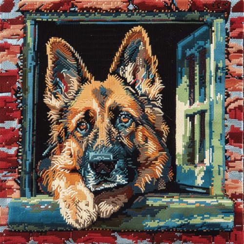DIY knüpfen set kissen Deutscher Schäferhund Tier knüpfhaken set Fantasie Hund Kissenbezug zum Selbermachen für Anfänger und Erwachsene,Geschenke für Familie,Freunde,Handarbeiten,Baste 43x43cm