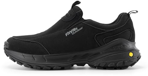 FitVille Men's Extra Wide Hiking Shoes,Slip On Trainers Outdoor Trekking Walking Shoes for Swollen Feet Jet Black 10 UK X-Wide