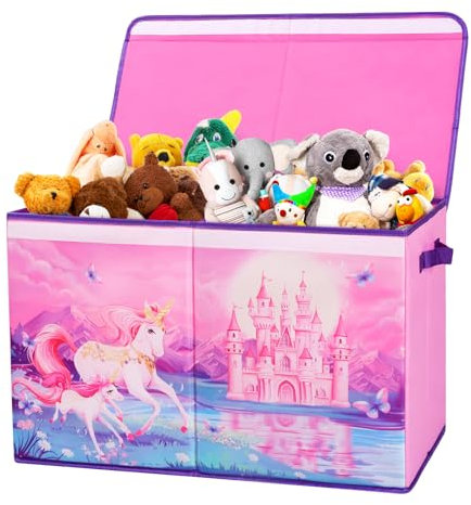 Decalsweet Kids Large Toy Storage Box with Lid,Foldable Oxford Toy Storage Organizer Box for Girls-65×30×40cm-Toy Chest with Handles for Bedroom Nursery,Unicorn Castle