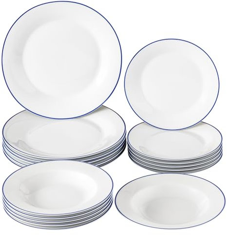 Baroni Home, 18‑teiliges Tellerservice aus Porzellan und Steingut, farbenfrohes Geschirr‑Set für 6 Personen, bestehend aus Suppenteller, Speiseteller und Dessert‑ bzw. Obstteller (Blaue Linie)