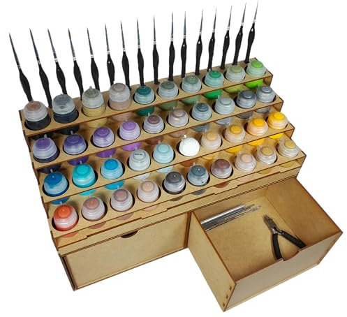 HobbyGlory Rangement Peintures Citadel 40 Pots 16 Pinceaux 2 Tiroirs Profonds. Support pour peintures 40k Rangement Maquette Tamiya Outils